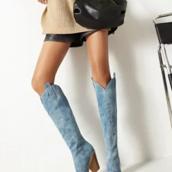 Women 's Western Boots Canvas Chunky Heel Knee-High Boots -UK Winter Shoes Sales 2023 202208031755547807090