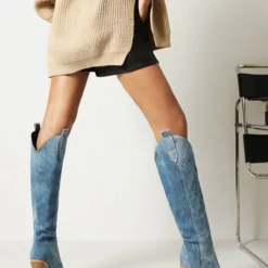 Women 's Western Boots Canvas Chunky Heel Knee-High Boots -UK Winter Shoes Sales 2023 2022080317555595534