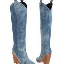 Women 's Western Boots Canvas Chunky Heel Knee-High Boots -UK Winter Shoes Sales 2023 202208031755562504243