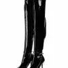 Women's Tigh High Boots Black Pointed Toe Stiletto Heel Bright Leather Over The Knee Boots