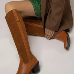 Women's Western Boots Patchwork Chunky Heel Knee High Boots