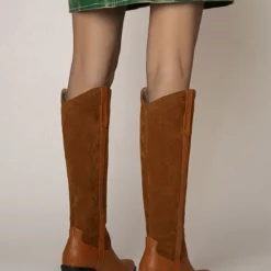 Women's Western Boots Patchwork Chunky Heel Knee High Boots -UK Winter Shoes Sales 2023 202208041416385751606