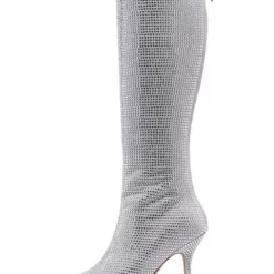 Women's Knee High Boots Silver Pointed Toe Rhinestones High Heel Party Shoes
