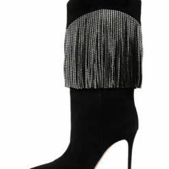 Women's Knee High Boots Black Suede Rhinestones Pointed Toe Stiletto Heel Boots