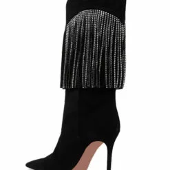 Women's Knee High Boots Black Suede Rhinestones Pointed Toe Stiletto Heel Boots -UK Winter Shoes Sales 2023 202208081557086541689