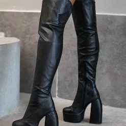Women's Thigh High Boots Round Toe Platform Stiletto Heel PU Leather