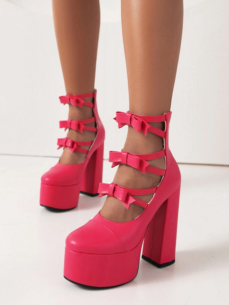 Women's High Heel Booties PU Leather Round Toe Platform Bow Detail Chunky Heel Ankle Boots 3 Women's High Heel Booties PU Leather Round Toe Platform Bow Detail Chunky Heel Ankle Boots