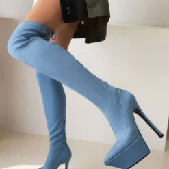 Women's Thigh High Boots Pointed Toe Platform Stiletto Heel Lace Up Elastic Boots