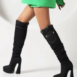 Women's Knee High Boots Denim Platform Buckle Detail Chunky Heel Boots -UK Winter Shoes Sales 2023 202209101617004517734