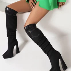 Women's Knee High Boots Denim Platform Buckle Detail Chunky Heel Boots -UK Winter Shoes Sales 2023 202209101617010429480