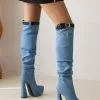 Women's Knee High Boots Denim Platform Buckle Detail Chunky Heel Boots