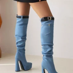 Women's Knee High Boots Denim Platform Buckle Detail Chunky Heel Boots