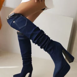Women's Knee High Boots Denim Platform Buckle Detail Chunky Heel Boots -UK Winter Shoes Sales 2023 202209101617025267851