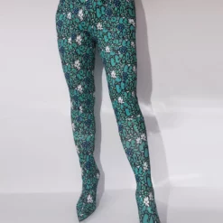 Women's Tigh High Boots Pointed Toe Floral Printed Stiletto Heel Elastic Pant Shoes