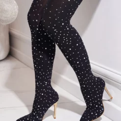 Sexy High Heel Boots Pointed Toe Rhinestones Street Wear Black Thigh High Boots Over The Knee Boots
