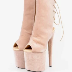 Sexy High Heel Boots Peep Toe Lace Up Stiletto Heel Rave Club Nude Thigh High Boots Over The Knee Boots