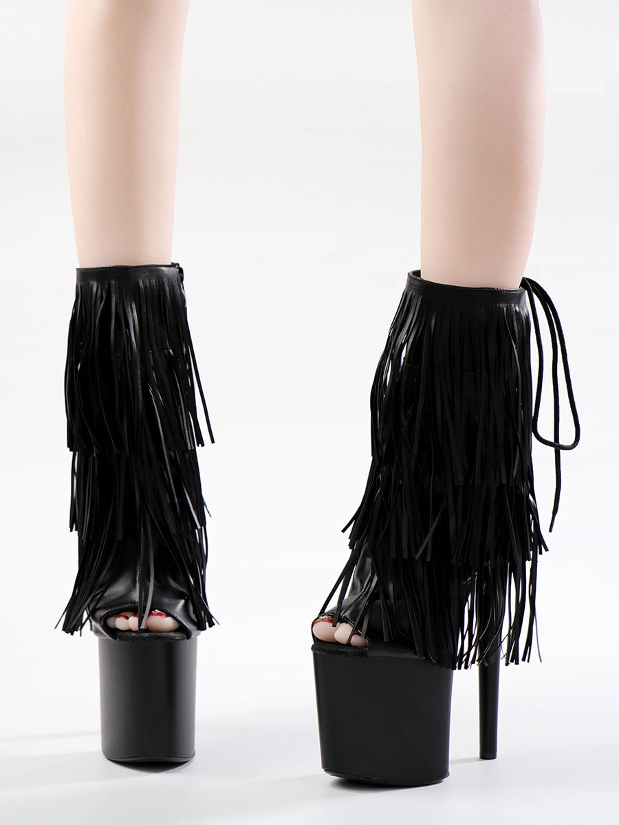 Women Sexy Boots Peep Toe Lace Up Chains Stripes Stiletto Heel Rave Club Thigh High Boots Over The Knee Boots Black 5 Women Sexy Boots Peep Toe Lace Up Chains Stripes Stiletto Heel Rave Club Thigh High Boots Over The Knee Boots Black - Image 3