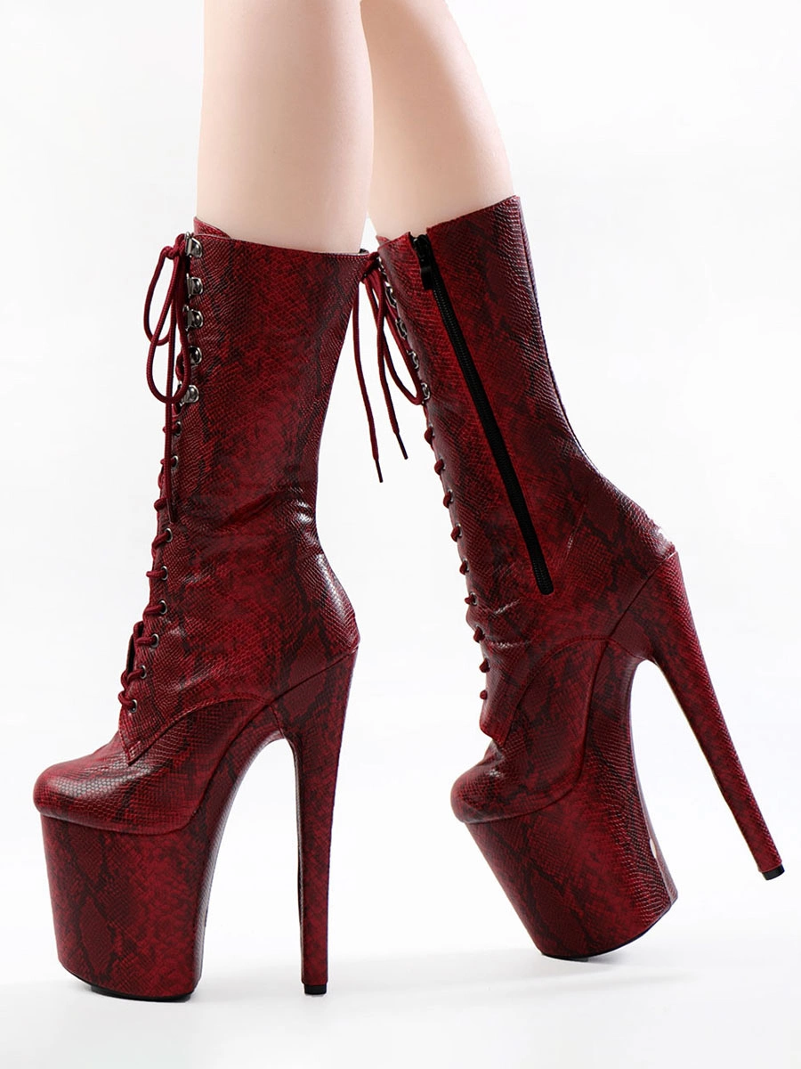 Women Sexy Boots Peep Toe Lace Up Stripes Stiletto Heel Rave Club Burgundy Thigh High Boots Over The Knee Boots 4 Women Sexy Boots Peep Toe Lace Up Stripes Stiletto Heel Rave Club Burgundy Thigh High Boots Over The Knee Boots - Image 2