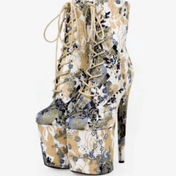 Women Sexy Boots Round Toe Lace Up Printed Stiletto Heel Rave Club Deep Apricot Thigh High Boots Over The Knee Boots