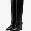 Black Knee High Boots Cowhide Pointed Toe Wedge Heel Knee Length Boots -UK Winter Shoes Sales 2023 202211111104339785368