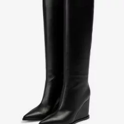 Black Knee High Boots Cowhide Pointed Toe Wedge Heel Knee Length Boots
