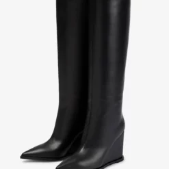 Black Knee High Boots Cowhide Pointed Toe Wedge Heel Knee Length Boots -UK Winter Shoes Sales 2023 20221111110434566746