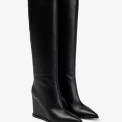 Black Knee High Boots Cowhide Pointed Toe Wedge Heel Knee Length Boots -UK Winter Shoes Sales 2023 202211111104348586842