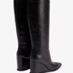 Black Knee High Boots Cowhide Pointed Toe Wedge Heel Knee Length Boots -UK Winter Shoes Sales 2023 202211111104351641483
