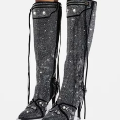 Women's Knee High Boots Rhinestones Pointed Toe Metal Detail High Heel Vintage Boots With Tassels