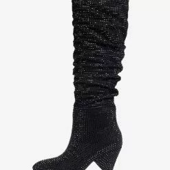 Black Knee High Boots Women Rhinestones PU Leather Cone Heel Knee Length Boots