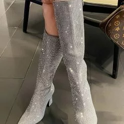 Silver Knee High Boots Women Rhinestones Pointed Toe Spool Heel Party Boots -UK Winter Shoes Sales 2023 202211111142166498932
