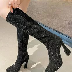 Silver Knee High Boots Women Rhinestones Pointed Toe Spool Heel Party Boots -UK Winter Shoes Sales 2023 202211111142178782106