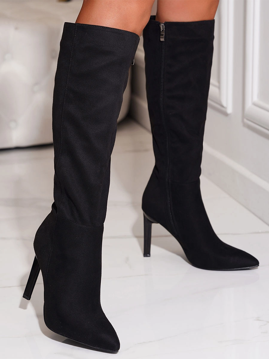 Black Knee High Boots Women Pointed Toe Stiletto Heel Knee Length Boots 4 Black Knee High Boots Women Pointed Toe Stiletto Heel Knee Length Boots - Image 2