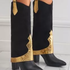 Women's Knee High Boots Black Suede Pointed Toe Chunky Heel Knee Length Boots -UK Winter Shoes Sales 2023 20221118170745270734