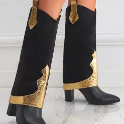 Women's Knee High Boots Black Suede Pointed Toe Chunky Heel Knee Length Boots -UK Winter Shoes Sales 2023 20221118170745625484