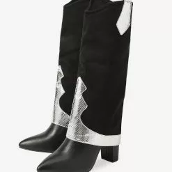 Women's Knee High Boots Black Suede Pointed Toe Chunky Heel Knee Length Boots -UK Winter Shoes Sales 2023 202211181707459589144