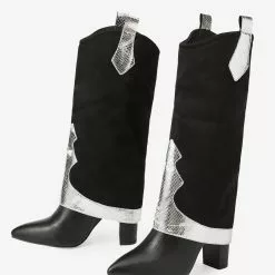 Women's Knee High Boots Black Suede Pointed Toe Chunky Heel Knee Length Boots -UK Winter Shoes Sales 2023 202211181707462812251