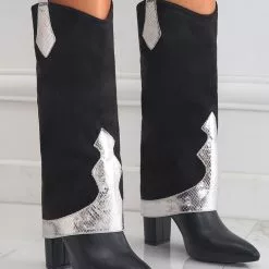 Women's Knee High Boots Black Suede Pointed Toe Chunky Heel Knee Length Boots -UK Winter Shoes Sales 2023 202211181707471834329