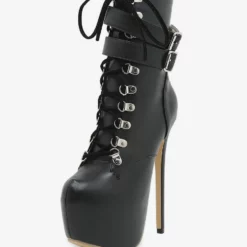 Sexy High Heel Boots Black Almond Toe Buckle Lace Up Stiletto Heel Rave Club Boots