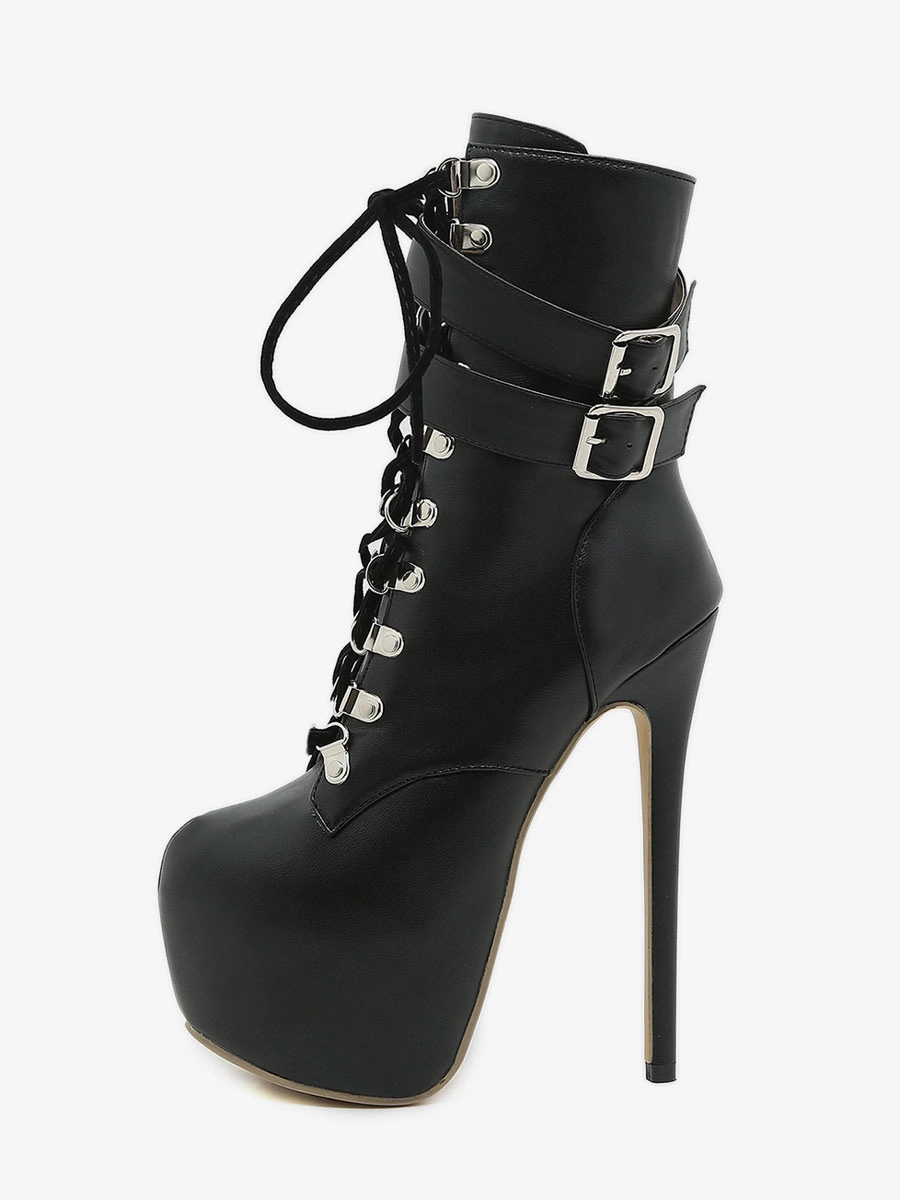 Sexy High Heel Boots Black Almond Toe Buckle Lace Up Stiletto Heel Rave Club Boots 4 Sexy High Heel Boots Black Almond Toe Buckle Lace Up Stiletto Heel Rave Club Boots - Image 2