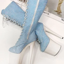 Sexy High Heel Boots Round Toe Lace Up Zipper Stiletto Heel Platform Pole Dance Shoes