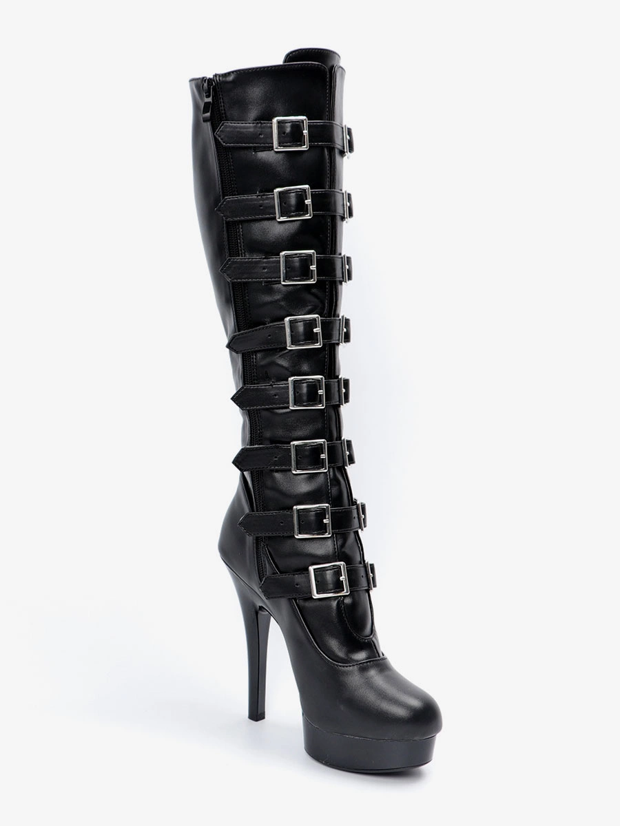 Sexy High Heel Boots Round Toe Lace Up Buckle Stiletto Heel Ball Black Thigh High Boots Over The Knee Boots 5 Sexy High Heel Boots Round Toe Lace Up Buckle Stiletto Heel Ball Black Thigh High Boots Over The Knee Boots - Image 3