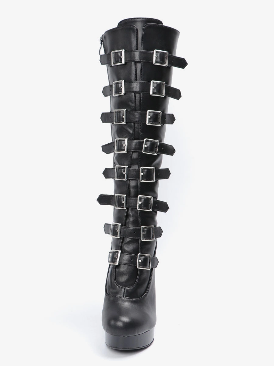 Sexy High Heel Boots Round Toe Lace Up Buckle Stiletto Heel Ball Black Thigh High Boots Over The Knee Boots 4 Sexy High Heel Boots Round Toe Lace Up Buckle Stiletto Heel Ball Black Thigh High Boots Over The Knee Boots - Image 2