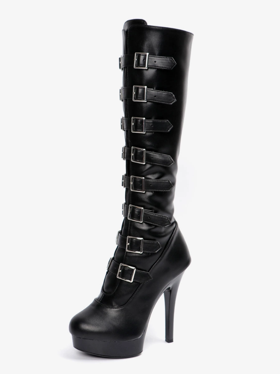 Sexy High Heel Boots Round Toe Lace Up Buckle Stiletto Heel Ball Black Thigh High Boots Over The Knee Boots 3 Sexy High Heel Boots Round Toe Lace Up Buckle Stiletto Heel Ball Black Thigh High Boots Over The Knee Boots