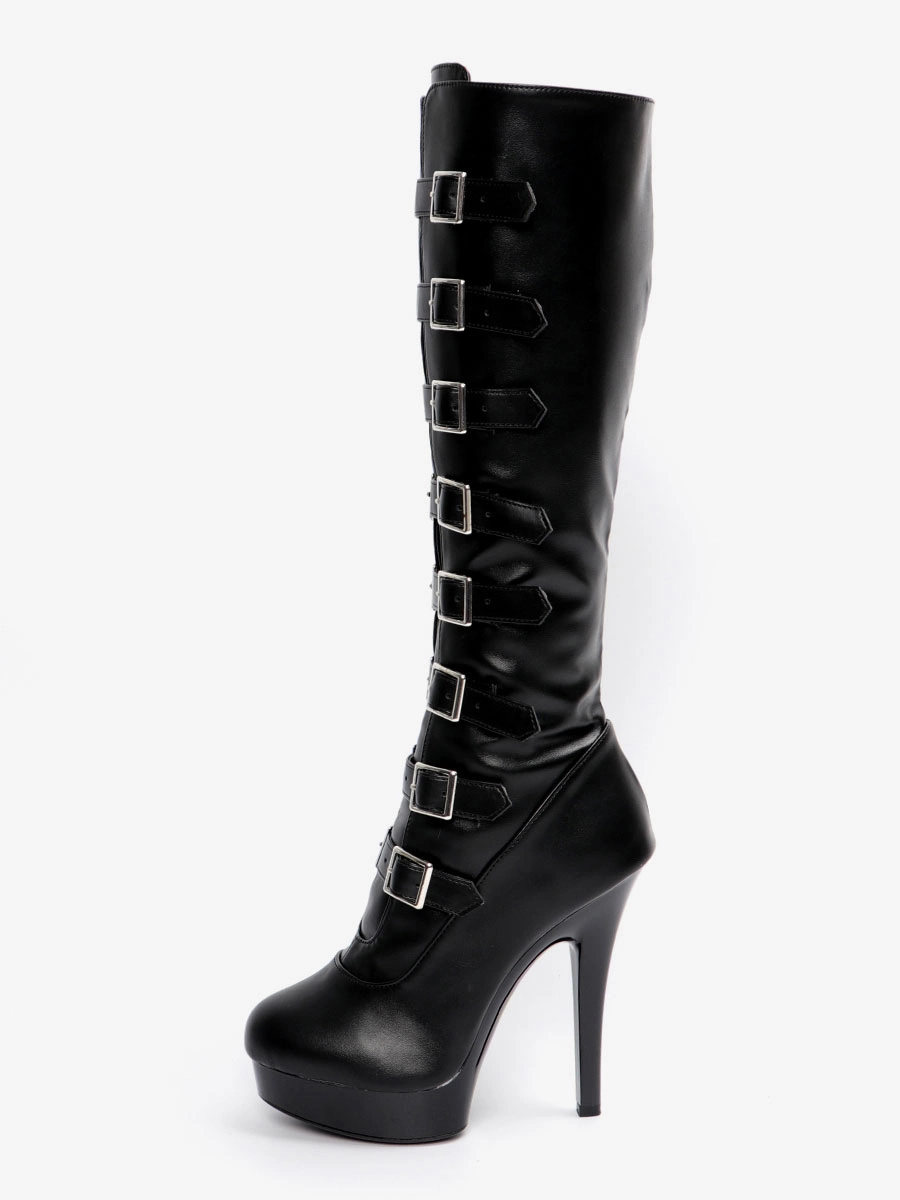 Sexy High Heel Boots Round Toe Lace Up Buckle Stiletto Heel Ball Black Thigh High Boots Over The Knee Boots 6 Sexy High Heel Boots Round Toe Lace Up Buckle Stiletto Heel Ball Black Thigh High Boots Over The Knee Boots - Image 4
