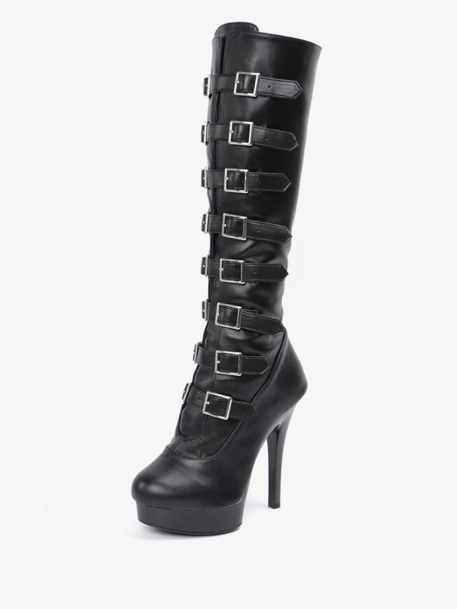 Sexy High Heel Boots Round Toe Lace Up Buckle Stiletto Heel Ball Black Thigh High Boots Over The Knee Boots 7 Sexy High Heel Boots Round Toe Lace Up Buckle Stiletto Heel Ball Black Thigh High Boots Over The Knee Boots - Image 5