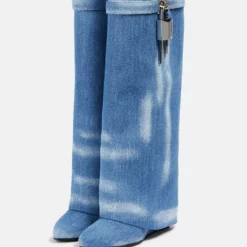 Women's Denim Boots Blue Metal Details Wide Calf Boots Knee-High Wedge Heel Boots