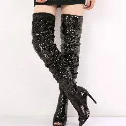 Sequin Over The Knee Boots Women Peep Toe Stiletto Heel Thigh High Boots -UK Winter Shoes Sales 2023 202304160105450536796
