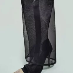 Black Summer Boots Women Mesh Peep Toe Rhinestones Stiletto Heel Knee High Summer Boots