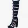 Denim Open Toe Chunky Heel Cut Out Knee High Summer Boots
